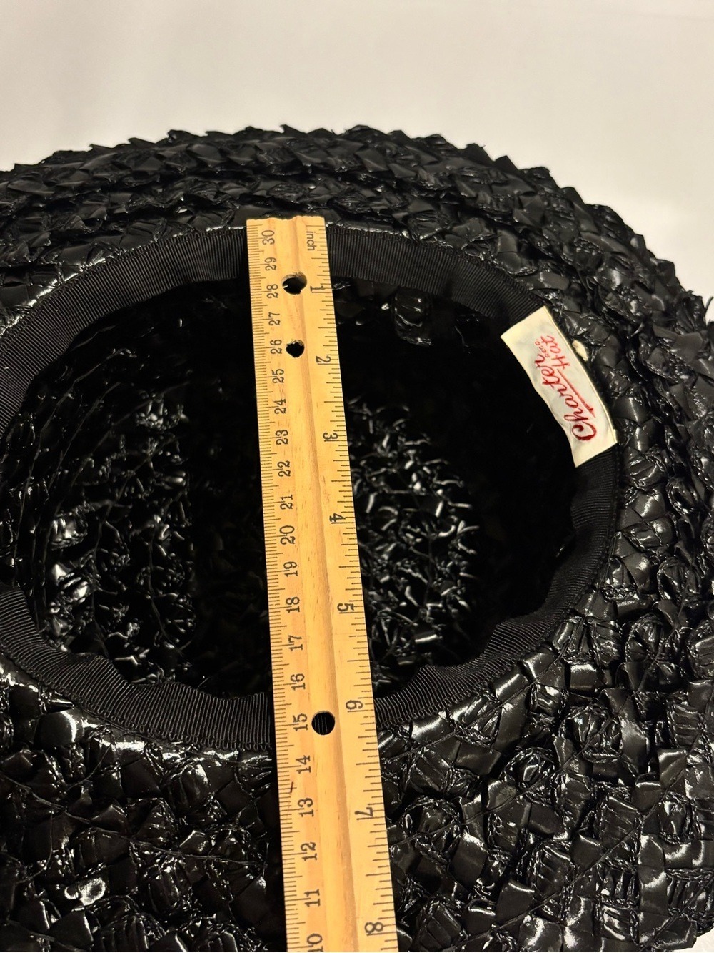 Vintage Charter Hat black woven raffia straw sun hat flat crown medium brim - Picture 14 of 15